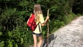 Girl Walking in Forest, Child Hiking at Camping in Mountains Trails, Teenager Kid Playing in Wood Adventure, Summer Trip Vacation