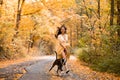 A girl walking with her dog in colorful autumn forest. Submissiveness. Best friends. Woman with dog walking in the park