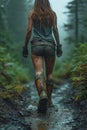 A girl walking through mud in the middle of the jungle in rainy weather Royalty Free Stock Photo