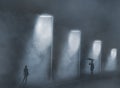 A girl walking at night encounters a man headed her way on in a foggy urban night