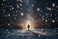 girl walking night winter snowy forest alley with lighting generative ai Royalty Free Stock Photo