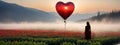 The girl walking in red tulip field, a heart shaped balloon ahead.concepts of lonely Valentine\'s Day Royalty Free Stock Photo