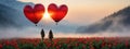 The girl walking in red tulip field, a heart shaped balloon ahead.concepts of Valentine\'s Day Royalty Free Stock Photo