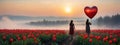 The girl walking in red tulip field, a heart shaped balloon ahead.concepts of Valentine\'s Day Royalty Free Stock Photo