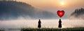 The girl walking in red tulip field, a heart shaped balloon ahead.concepts of Valentine\'s Day Royalty Free Stock Photo