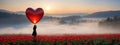 The girl walking in red tulip field, a heart shaped balloon ahead.concepts of Valentine\'s Day Royalty Free Stock Photo