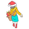Girl is walking shopping on christmas, doodle icon image kawaii