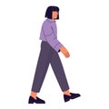 Girl walking side view. Young woman with bob hairstyle wearing office outfit. Person clothing in urban style. People in