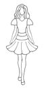 The girl is walking. Sketch. Lady in a blouse with bell sleeves and a fluffy short flared skirt