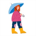 Girl walking under umbrella. Vector illustration in flat style. Outdoors childrens activities concept. Autumn concept