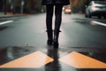 Girl walks along city road in black shoes, yellow arrows on pavement. Generative AI