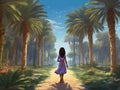 A girl walks along a path between palm trees