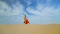 Girl walks in desert on barkhan. Woman in dress walking on sand-dune in hot desert under sun, wind ruffles her hair