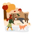 Girl walks dog against man on bench reading book Royalty Free Stock Photo