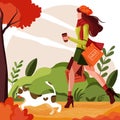 Girl walks with dog in park with shopping bags in autumn woods.