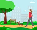 Girl walks with a dog in the park. Vector illustration of a city scene Royalty Free Stock Photo