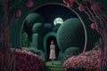 A girl walks in a fabulous fantasy garden. Neural network AI generated