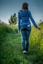 Girl walks in the field and touches the tall grass with her hand. Back view portrait Royalty Free Stock Photo