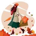 Girl walks holding shopping bags and closed umbrella in autumn windy weather