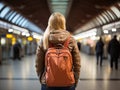 The girl walks through the waiting room of the station past the timetable board. Generated by AI