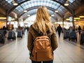 The girl walks through the waiting room of the station past the timetable board. Generated by AI