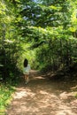 Girl walks through the woods of the heritage site where Anne of Green Gables took place.