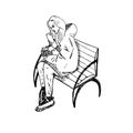 Girl in warm jacket with telephone sitting on bench, hand drawn doodle gravure vintage style, sketch, outline vector Royalty Free Stock Photo