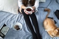 Girl with warm socks with a cup of tea, cat, close the book Royalty Free Stock Photo