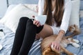 Girl with warm socks with a cup of tea, cat, close the book Royalty Free Stock Photo