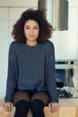 Girl in warm sweater loves her modern kitchen Royalty Free Stock Photo