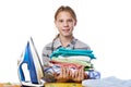 Girl with washed linen around ironing board and iron isolated Royalty Free Stock Photo