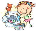 Girl washing clothes with a washing machine Royalty Free Stock Photo