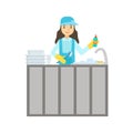 Girl Washing Dishes In The Tap, Cleaning Service Professional Cleaner In Uniform Cleaning In The Household