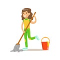 Girl Washing The Floor With Mop And Water Smiling Cartoon Kid Character Helping With Housekeeping And Doing House