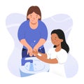 Girl washing hands with soap with her mother or nanny showing how to wash hands properly together with adult Royalty Free Stock Photo