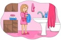 Girl washing her face after sleep. Children vector illustration