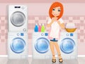 Girl with washing machine and laundry products