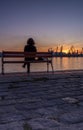 Girl watches the sunset at the sea station with ships.