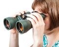 Girl watching through binoculars isolated on white Royalty Free Stock Photo