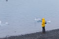 Girl watching bizarre ice floes of Iceberg lagoon jokulsarlon on the south of Iceland Royalty Free Stock Photo