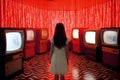 Girl Watching Retro Televisions in Red Room. Generative AI