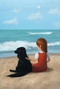 Girl watching the sea with her dog Royalty Free Stock Photo