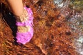 Girl water feet pink shoe in river stream