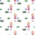 Girl with a watering can is watering a flower bed. Watercolor seamless pattern.