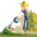 Girl watering flowers