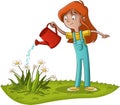 Girl watering flowers in the garden. Royalty Free Stock Photo