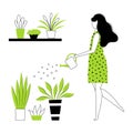 Girl Watering The Flowers, Young Woman Gardener, Farmer, Florist - Housewife Or Maid Doing Housework - Vector