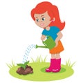 The girl is watering the plants in the garden from a watering can. The child is taking care of the flowers. Vector