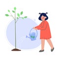 Girl Watering Tree with Can, Children Volunteering in the Garden or Park Vector Illustration