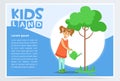 Girl watering a tree with a watering can, eco concept, organic gardening